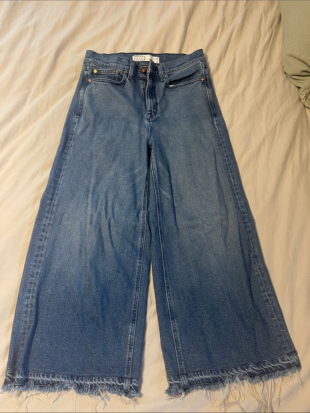 AYR Wide-Leg Frayed Hem Jeans in Denim Blue